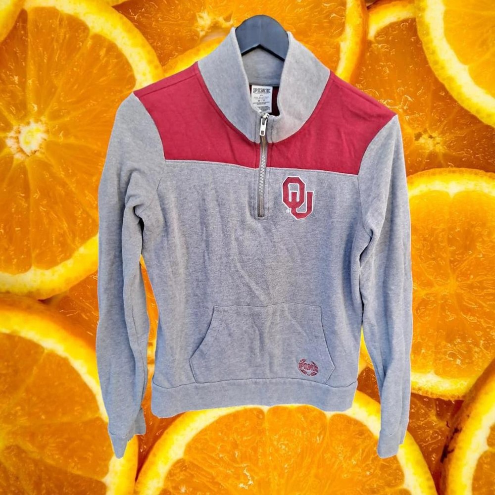 Pink 1/4‎ Zip Gray and Red Oklahoma University OU Sooners Sweatshirt Size XS